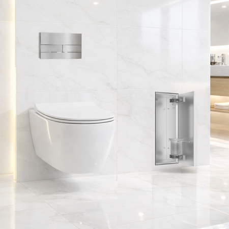 Suport pentru perie WC Balneo Wall Box Brush S Tiles, partea dreaptă, încastrat în perete, din oțel inoxidabil