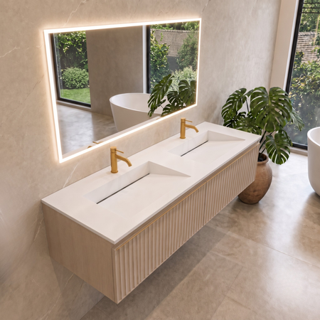 Lavoar Alveria Solid Surface, Coco White, cu sifon liniar dublu, 140 cm