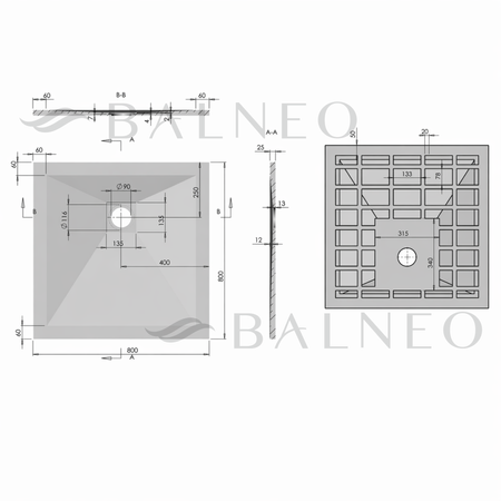 Cădiță de duș din compozit Balneo Stone Tray 80 x 80 x 2,5 cm gri închis joasă pătrată