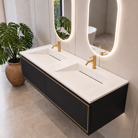 Lavoar Alveria Solid Surface, Coco White, cu sifon liniar dublu, 120 cm