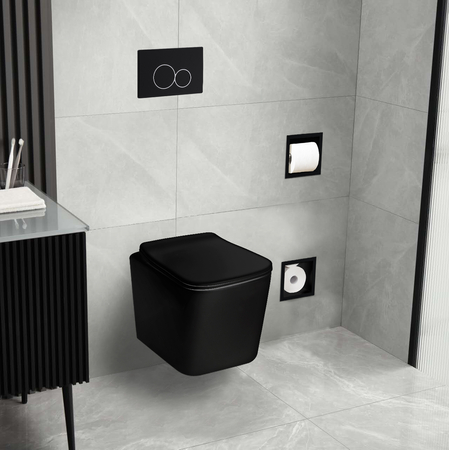 Vas WC suspendat Balneo Luga rimless negru fără guler cu capac soft-close din duroplast