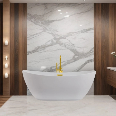 Cadă independentă Balneo PARMA 170 x 72 cm albă, acrilică, cu ramă din oțel inoxidabil și 6 picioare stabilizatoare, cu preaplin și dop Mirror Gold