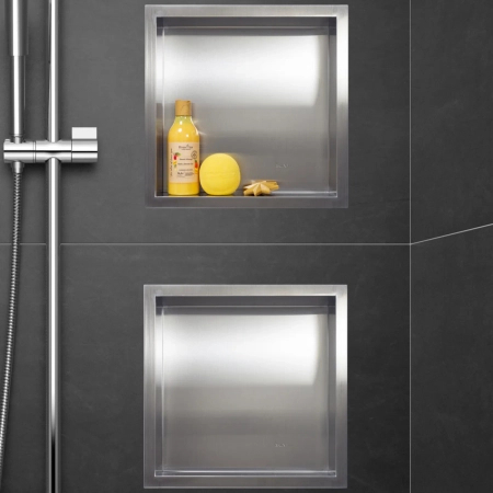 Raft de perete încastrat Balneo Wall Box One Inox 30 x 30 x 7 cm din oțel inoxidabil periat cu ramă