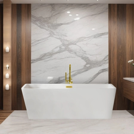 Cadă independentă Balneo ROMA 170 x 80 cm albă, acrilică, cu ramă din oțel inoxidabil și 6 picioare stabilizatoare, cu preaplin și dop Mirror Gold