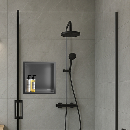 Balneo Wall Box One Gun Metal 30 x 30 x 7 cm din oțel inoxidabil periat raft cu flanșă