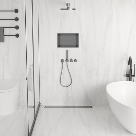 Balneo Duplex Next Gun Metal 60 cm scurgere de pardoseală liniară cu două fețe din oțel inoxidabil periat, cu capcană pentru mirosuri reduse și bazin adânc