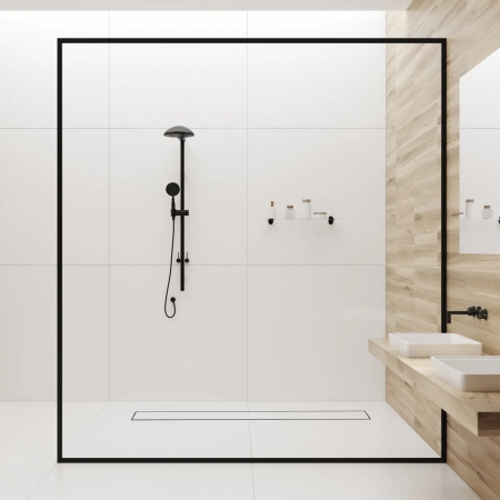 Rigolă de pardoseală Balneo Duplex Next Inox 50 cm bidirecțională din oțel inoxidabil periat cu sifon jos și colector adânc
