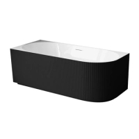 Cadă freestanding de colț stânga Balneo AVOLA canelată NO RIM 150 x 75 cm alb-negru din acril cu cadru din oțel inoxidabil și 6 picioare de stabilizare, cu preaplin și dop alb