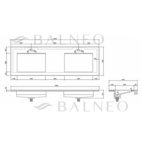 Lavoar Alveria Solid Surface, Coco White, cu sifon liniar dublu, 140 cm