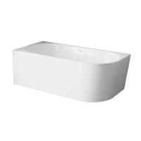 Cadă freestanding de colț stânga Balneo AVOLA NO RIM 150 x 75 cm albă din acril cu cadru din oțel inoxidabil și 6 picioare de stabilizare, cu preaplin și dop alb