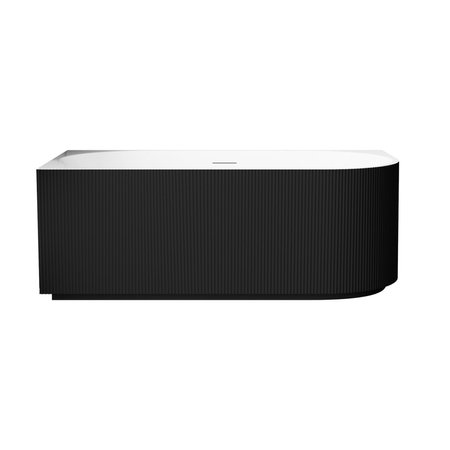 Cadă freestanding de colț stânga Balneo AVOLA canelată NO RIM 160 x 75 cm alb-negru din acril cu cadru din oțel inoxidabil și 6 picioare de stabilizare, cu preaplin și dop alb