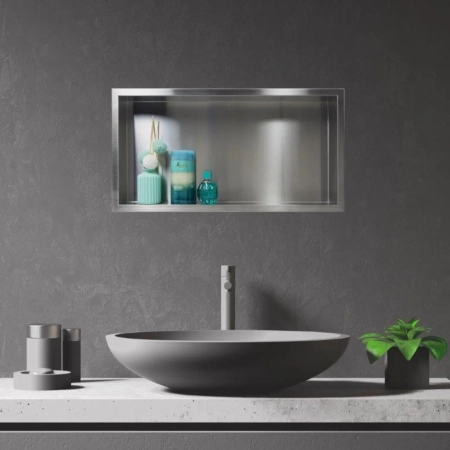 Raft de perete încastrat Balneo Wall Box One Inox 60 x 30 x 7 cm din oțel inoxidabil periat cu ramă