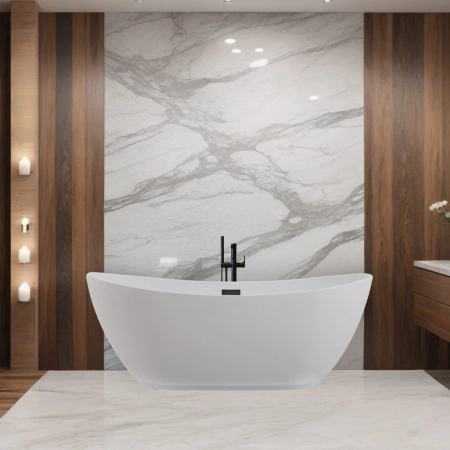 Cadă independentă Balneo PARMA 170 x 72 cm albă, acrilică, cu ramă din oțel inoxidabil și 6 picioare stabilizatoare, cu preaplin și dop Black