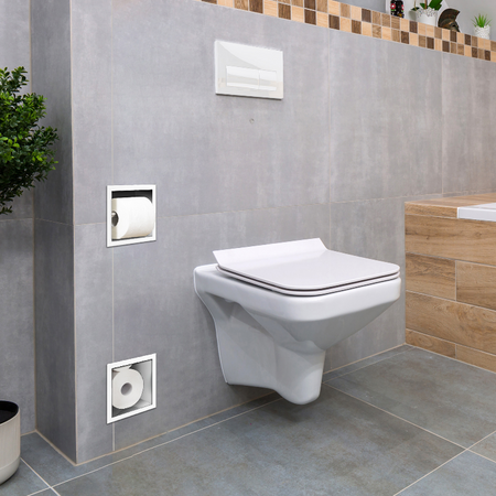Suport pentru hârtie igienică Balneo Wall Box Paper 2 alb cu compartiment de depozitare încastrat în perete din oțel inoxidabil