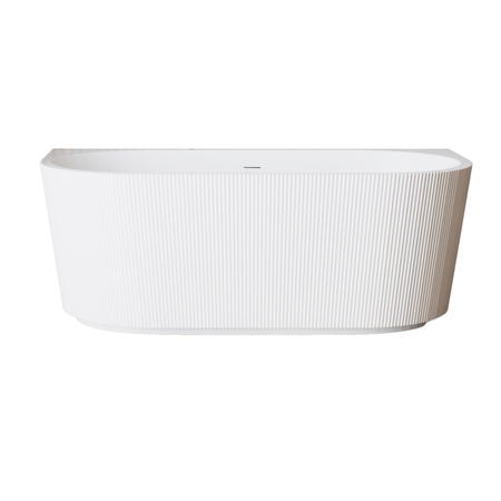 Cadă freestanding de perete Balneo VIVA canelată NO RIM 150 x 75 cm albă din acril cu cadru din oțel inoxidabil și 6 picioare de stabilizare, cu preaplin și dop alb
