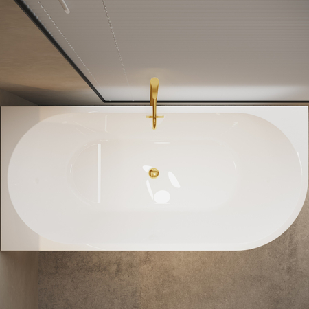 Cadă independentă de colț stânga Balneo AVOLA 150 x 75 cm albă, acrilică, cu ramă din oțel inoxidabil și 6 picioare stabilizatoare, cu preaplin și dop Mirror Gold