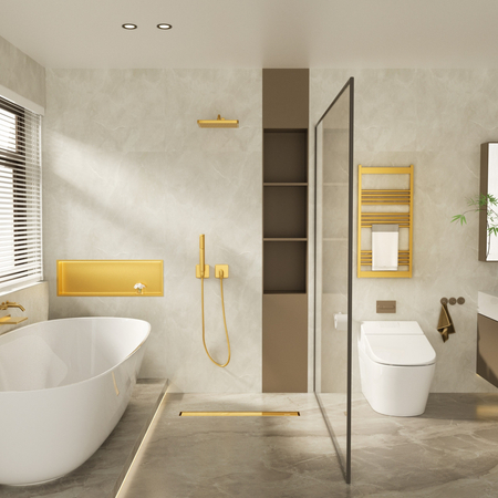 Sifon liniar de pardoseală Balneo Duplex Next Mirror Gold 100 cm auriu cu două fețe din oțel inoxidabil, cu sifon jos și sedimentator adânc