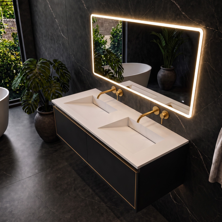Lavoar Alveria Solid Surface, Coco White, cu sifon liniar dublu, 140 cm