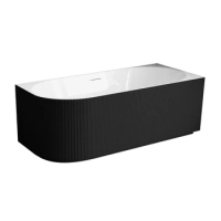 Cadă freestanding de colț dreapta Balneo AVOLA canelată NO RIM 150 x 75 cm alb-negru din acril cu cadru din oțel inoxidabil și 6 picioare de stabilizare, cu preaplin și dop alb